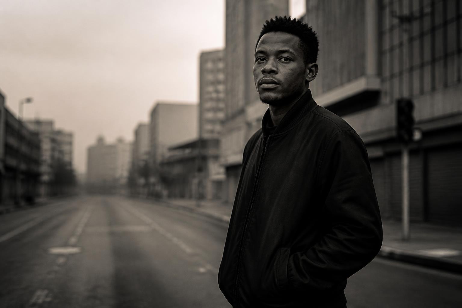 A young South African man standing alone on an empty city street at dawn